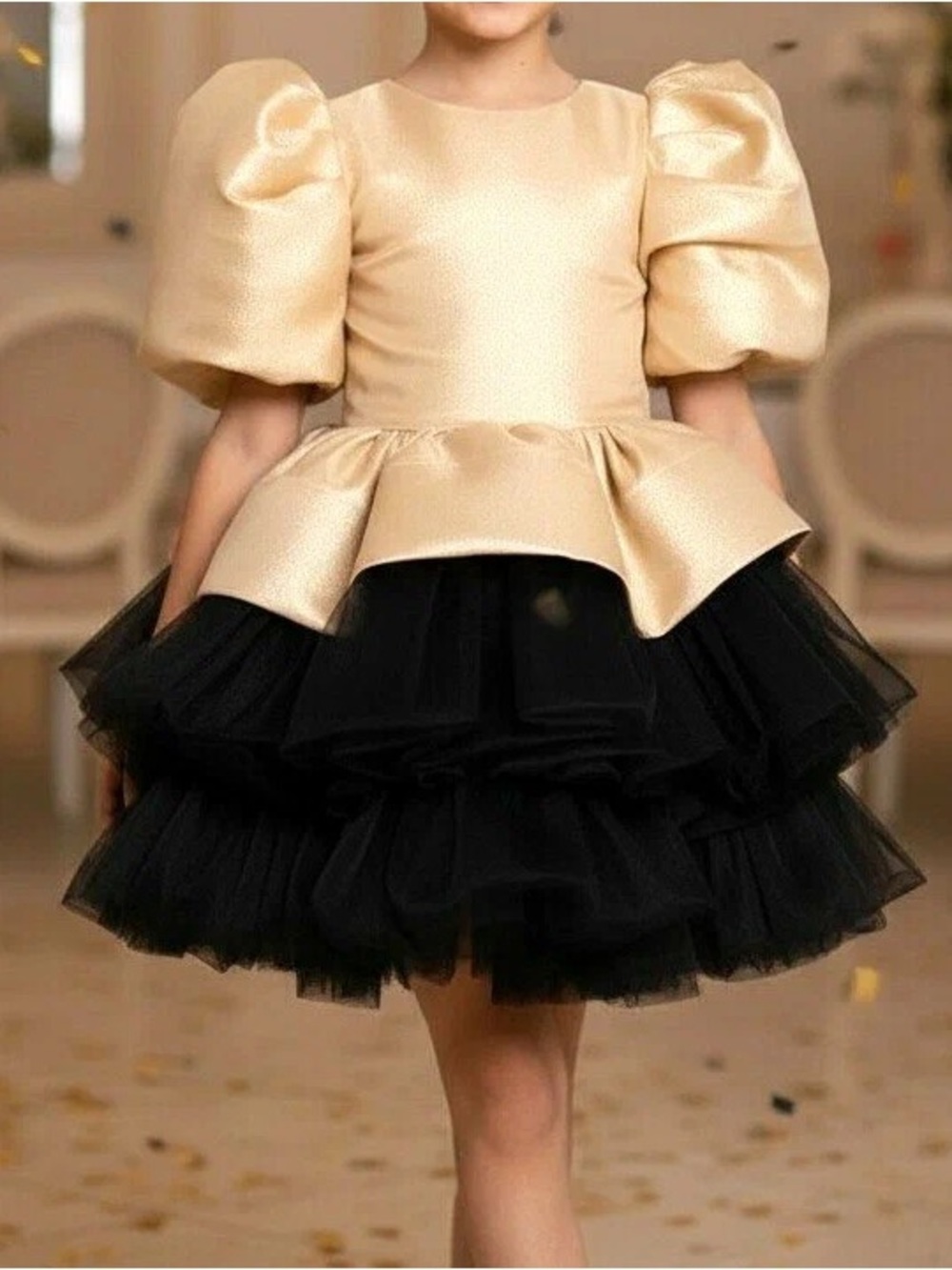 Girls Gold & Black Party with Puff Sleeve Tulle Dress | Bow Back Formal Dress